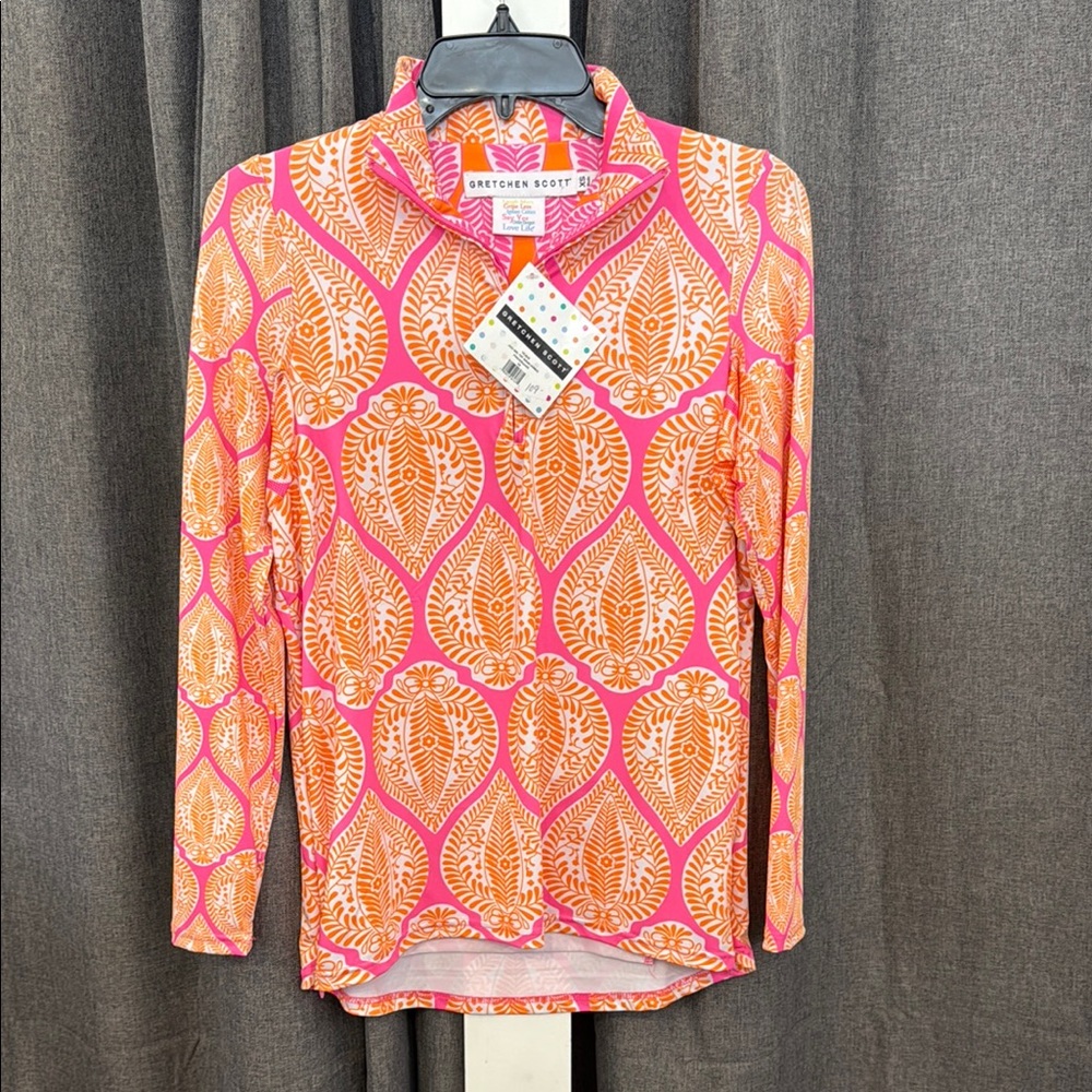 Gretchen Scott Designs Pink Yellow Graphic Polo athleisure top  XS